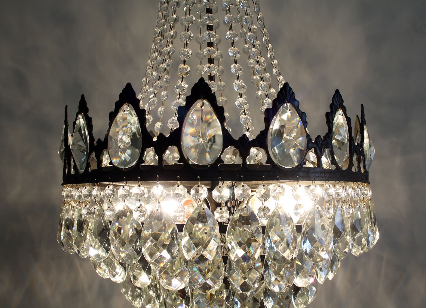 Vintage Large Antique French Basket Style Brass & Crystals Chandelier